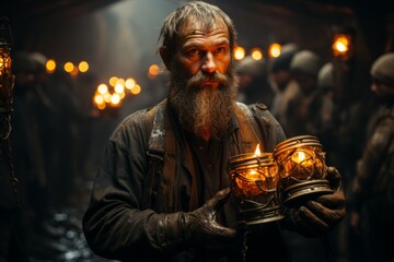 Gold miner holding a lantern inside a narrow mine tunnel, creating an eerie yet captivating atmosphere, Generative AI