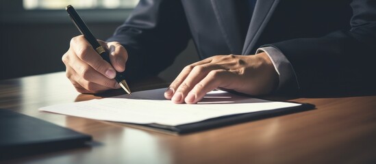A businessman sitting wear suit and signing documents contract. AI generated image