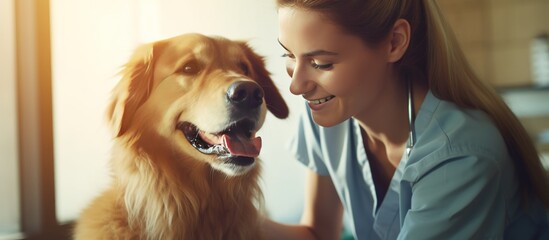 A beautiful female vet nurse doctor examining wit cute dog. AI generated image - obrazy, fototapety, plakaty