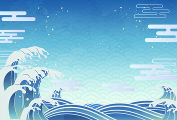 荒ぶる波しぶきと青い和柄背景のイラスト_横2