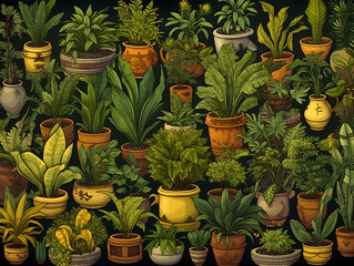 Many different kinds of plants with pots