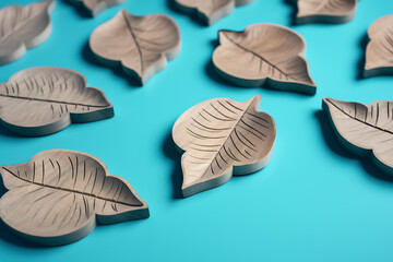 Leaf shaped wooden cup coasters on turquoise background, flat lay