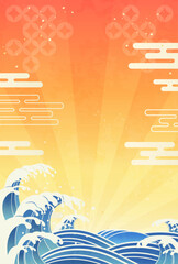 荒ぶる波しぶきと和柄の和風背景イラスト_縦2