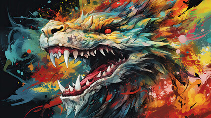 Colorful Asian dragon, aerosol paint technique