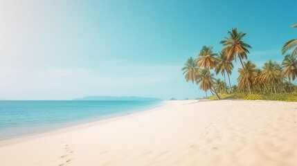 Fototapeta na wymiar Tropical beach with fine sand and palm trees, calm sea with clear blue sky above. AI Generated