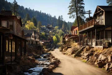 Historic gold mining town, featuring old saloons, wooden storefronts, and a sense of the Gold Rush era, Generative AI