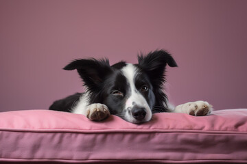 Image of cute border collie dog lying on sleeping cushion. Pet. Animals.