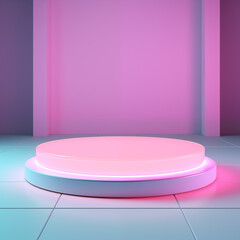 podium for product showcase, 3D podium on a shiny floor, neon background, 