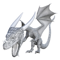 Illustration of a white leather dragon with head down and open mouth isolated on a white background.
