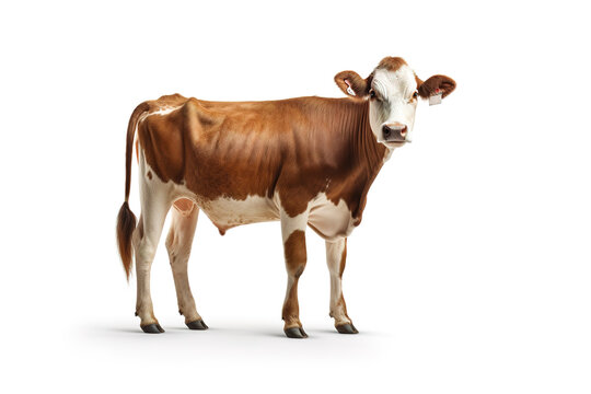 Image of brown cow standing on white background. Farm animals.