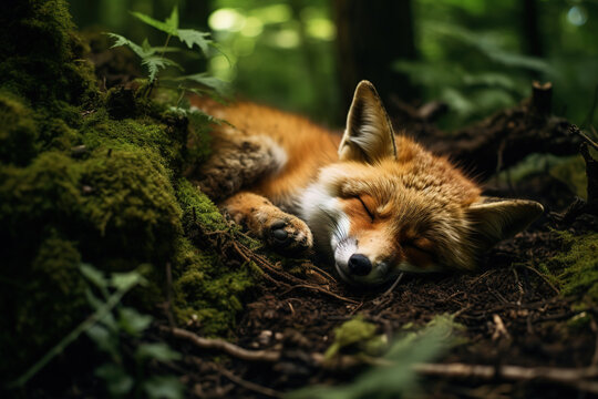 Image of a fox sleeping lying on the ground in the forest. Wildlife Animals.