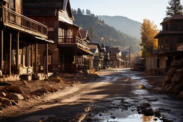 Historic gold mining town, featuring old saloons, wooden storefronts, and a sense of the Gold Rush era, Generative AI