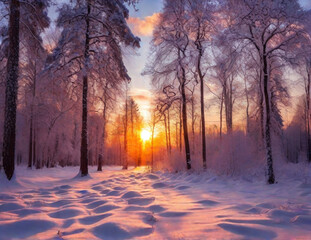 Sunset in the wood in winter period. Generated AI