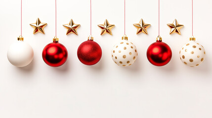 Christmas ornaments on a white background. Top view, space for text.