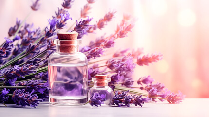 Obraz na płótnie Canvas Bottles with lavender oil and bouquet of fresh lavender on light blurred background. Side view, space for text.