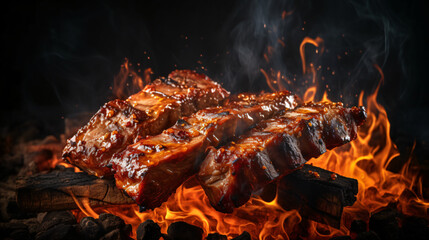 Pork spare ribs barbeque meat grilled on fire