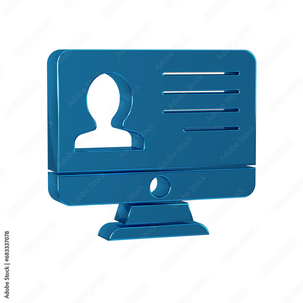 Poster blue computer monitor with resume icon isolated on transparent background. cv application. searching