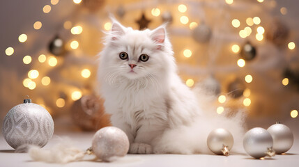 Cute white fluffy kitten sitting and looks at the camera, surrounded by a Christmas-decorated room in a modern Scandinavian style. Minimalist festive holiday decor, warm and inviting atmosphere - 683337223