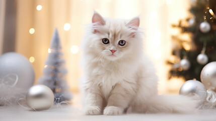 Cute white fluffy kitten sitting and looks at the camera, surrounded by a Christmas-decorated room in a modern Scandinavian style. Minimalist festive holiday decor, warm and inviting atmosphere - 683337423