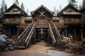 Fototapeta na wymiar Vintage gold mine entrance, framed by tall timber supports, evoking the rich history of gold mining, Generative AI