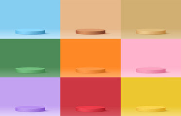 Set 9 colored, blue, brown, gold, green, orange, pink, purple, red, yellow, podium 3d paper art background design. Vector illustration