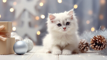 Cute white fluffy kitten lying and looks at the camera, surrounded by a Christmas-decorated room in a modern Scandinavian style. Minimalist festive holiday decor, warm and inviting atmosphere - 683337832