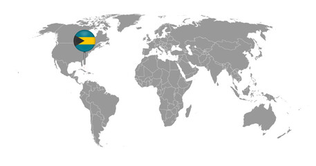 Pin map with Bahamas flag on world map. Vector illustration.