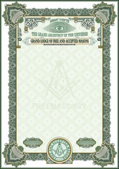 Vertical blank for creating a certificate, diploma, securities or other documents. Classic design with Masonic symbols. In A4 format.
