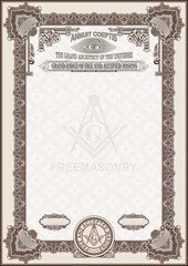 Vertical blank with Masonic symbols for creating certificates, diplomas, bills and other securities. Classic design in brown.