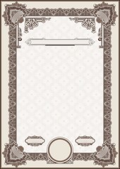 Vertical form for creating certificates, diplomas, bills and other securities. Classic design in brown tones.
