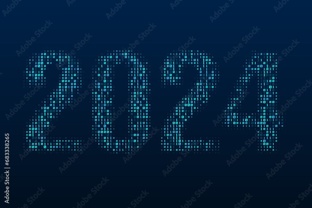Poster happy new year 2024 consists of a bright blue digital data matrix of binary numbers isolated on a da
