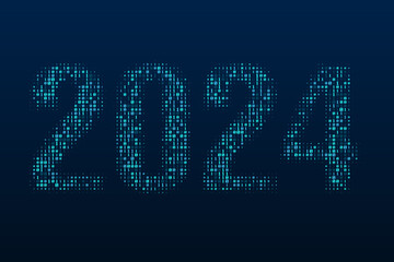Happy New Year 2024 consists of a bright blue digital data matrix of binary numbers isolated on a dark blue background. Technology, coding, or big data concept. Vector illustration