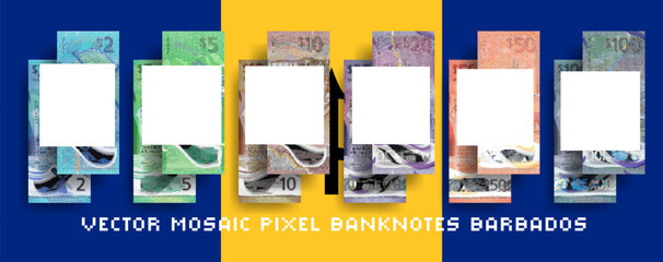 Vector set of Barbados pixel mosaic banknotes. Collection of bills in denominations of 2, 5, 10, 20, 50 and 100 Barbadian dollars. Obverse and reverse. Play money or flyers. - obrazy, fototapety, plakaty