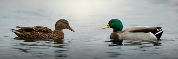 Closeup shot of two ducks swimming in a tranquil lake