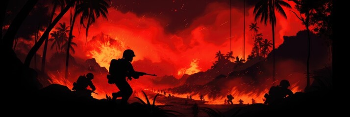 Squad soldier silhouette in fog and fire. Military with weapons after the war in battlefield. Special force attacked background. War poster - obrazy, fototapety, plakaty