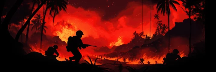 Fotobehang Squad soldier silhouette in fog and fire. Military with weapons after the war in battlefield. Special force attacked background. War poster © ratatosk