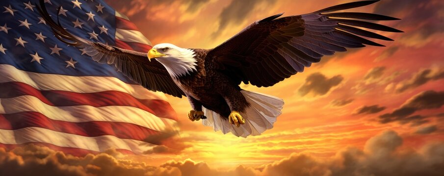 Eagle with American flag flies in freedom. North bald eagle - symbol of america. United States of America patriotic symbols. Memorial Day. Remember and honor. 