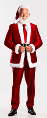 full body view of father winter santa claus dressed in business christmas suit . white background . generative ai - obrazy, fototapety, plakaty