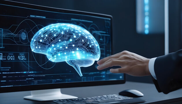 Business man hands using  an hologram which  projects  images reffered to data analysis, coding computer language with digital brain, machine learning on a computer.