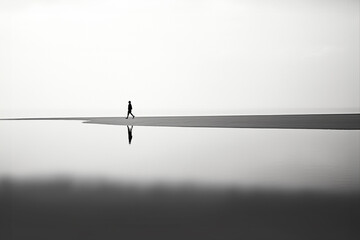 I am lonely. Loneliness and Isolation. Man walking alone on a black and white shore. - AI Generated