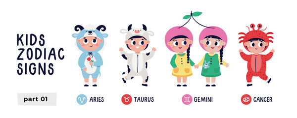 Colorful vector set with zodiac signs. Part 1. Astrological horoscope vector symbol for kids. Aries, Taurus, Gemini, Cancer