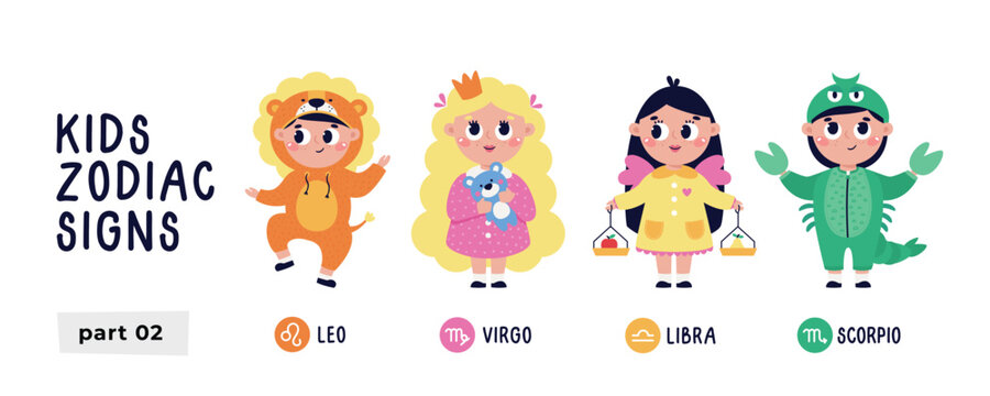 Colorful vector set with zodiac signs. Part 2. Astrological horoscope vector symbol for kids. Leo, Virgo, Libra, Scorpio