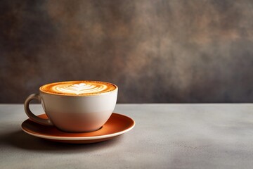 Cup of cappuccino on the table, gray and brown background, copy space