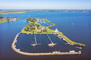 Aerial from sailing on the Sneekermeer with the Start island near Sneek in Friesland the Netherlands