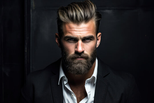 handsome male fashion model with beard against dark background