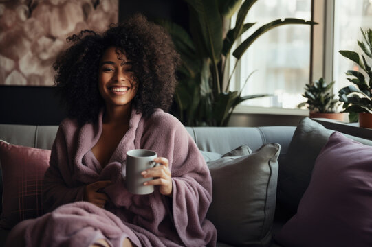 African American Woman Smiling and take a coffee.