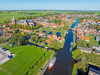 Fototapeta na wymiar Aerial from the historical city Workum in Friesland the Netherlands