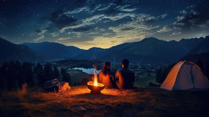 Fototapeta na wymiar Young couple in love in the evening sitting near a tent in the mountains