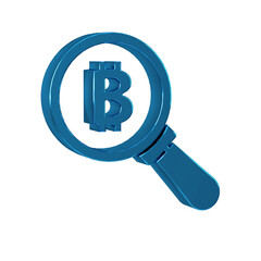 Blue Magnifying glass with Bitcoin icon isolated on transparent background. Physical bit coin. Blockchain based secure crypto currency.
