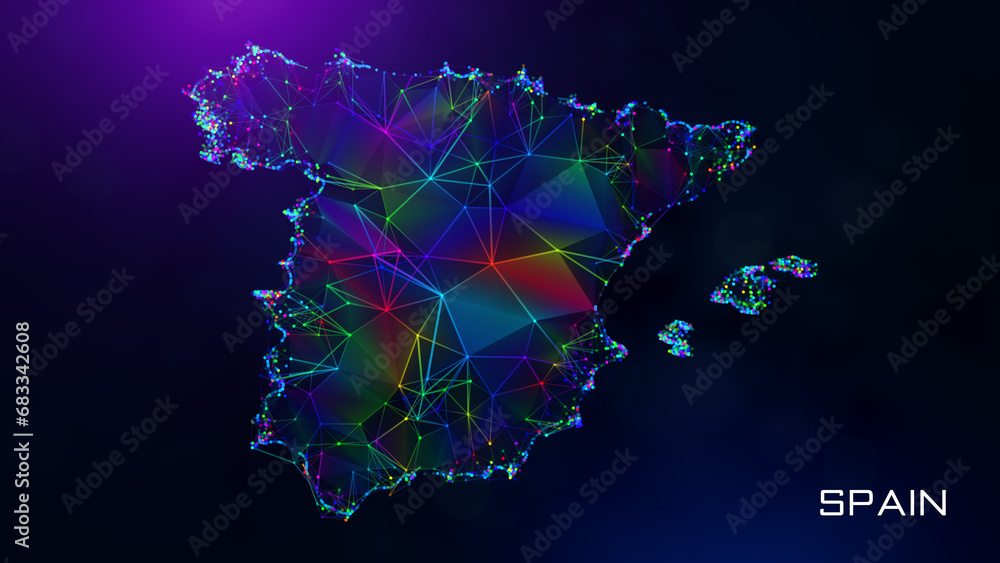 Poster futuristic sweet spain map polygonal blue purple colorful connected lines dots and facet wireframe n